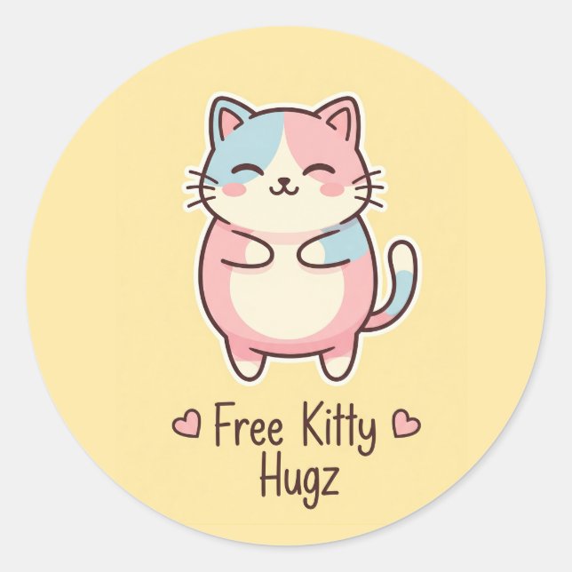 Cute Kawaii Cat Free Pup Hugz Pastel Die-Cut Stick Classic Round Sticker (Front)