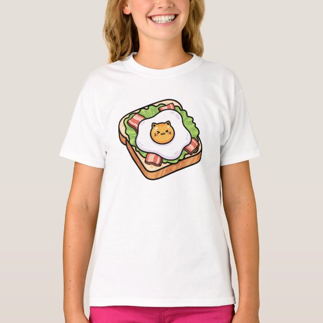 Cute Kawaii Cat Fried Egg on Toast Illustration T-Shirt (Front)
