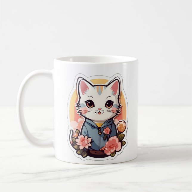 Cute Kawaii Cat Graphic Coffee Mug (Left)
