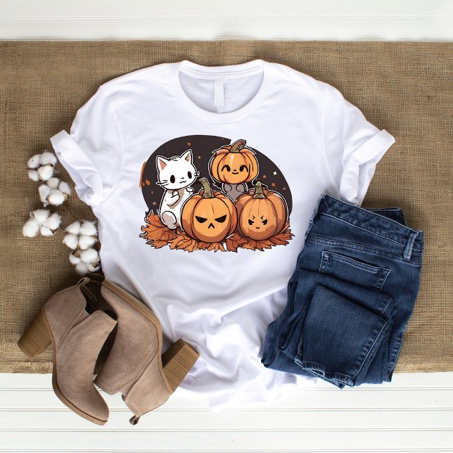 Cute Kawaii Cat Halloween Design T-Shirt (Kawaii Cat Halloween T-shirt Design.)
