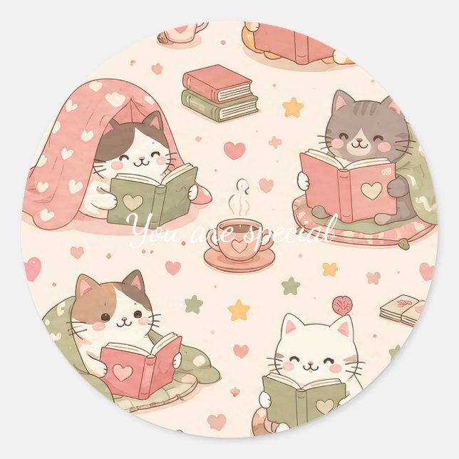 Cute Kawaii Cat Heart Book Pattern Classic Round Sticker (Front)