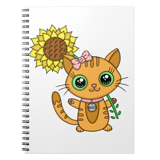 Cute Kawaii Cat Holding Flower Notebook (Front)