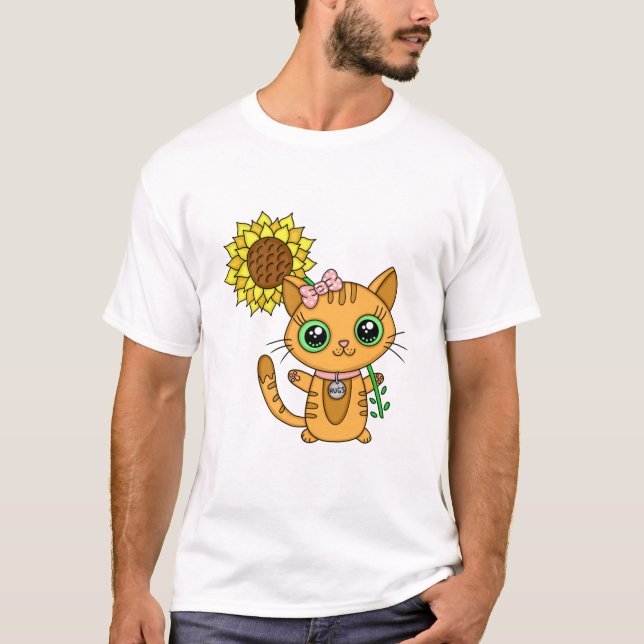 Cute Kawaii Cat Holding Flower T-Shirt (Front)