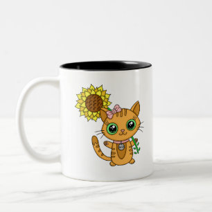 Cute Kawaii Cat Holding Flower Two-Tone Coffee Mug