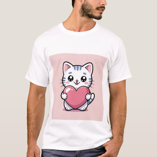 Cute Kawaii Cat Hugging Giant Pink Heart Sticker ✨ T-Shirt (Front)
