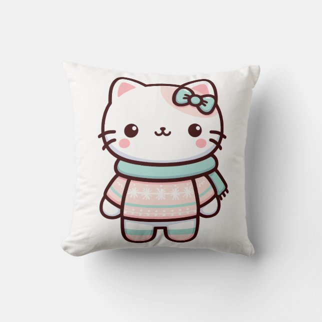 Cute Kawaii Cat in Sweater Cushion (Front)
