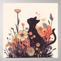 Cute Kawaii Cat in the Field Full of Flowers