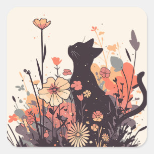 Cute Kawaii Cat in the Field Full of Flowers Square Sticker