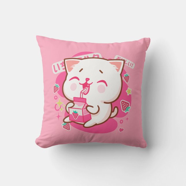 Cute Kawaii Cat Japanese Strawberry Milk Cushion (Front)