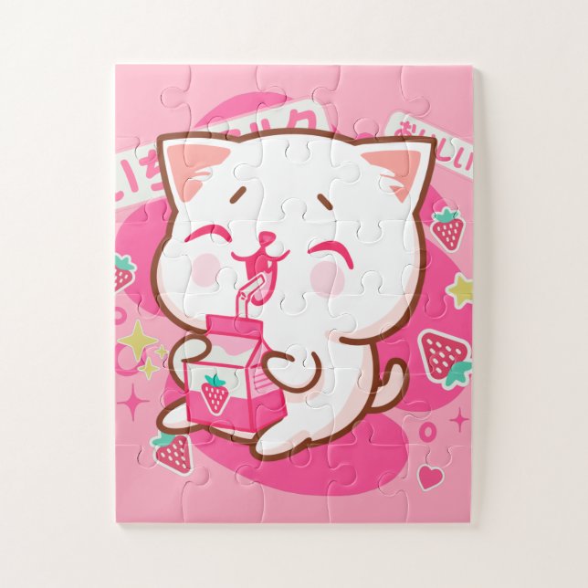 Cute Kawaii Cat Japanese Strawberry Milk Jigsaw Puzzle (Vertical)