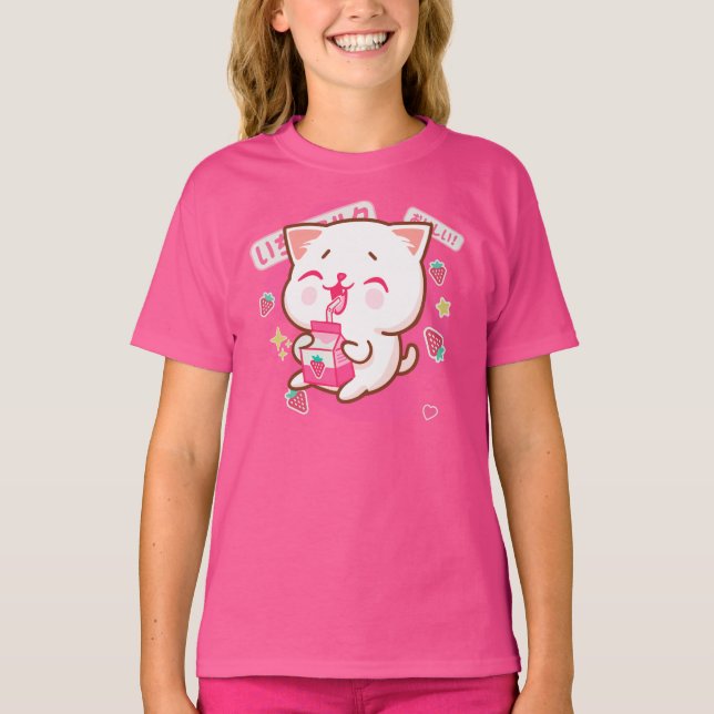 Cute Kawaii Cat Japanese Strawberry Milk T-Shirt (Front)
