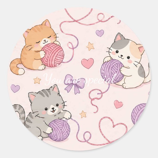 Cute Kawaii Cat Love Yarn Pattern Classic Round Sticker (Front)
