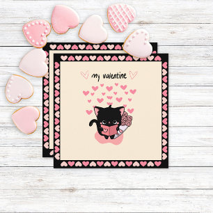 Cute Kawaii Cat My Valentine Classroom Pink Flat Holiday Card