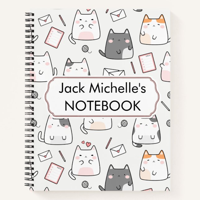 Cute Kawaii Cat Pattern in White Pink & Grey Notebook (Front)