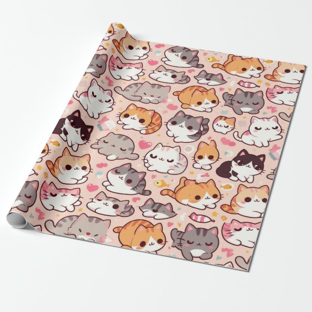 Cute Kawaii Cat Patterns Wrapping Paper (Unrolled)