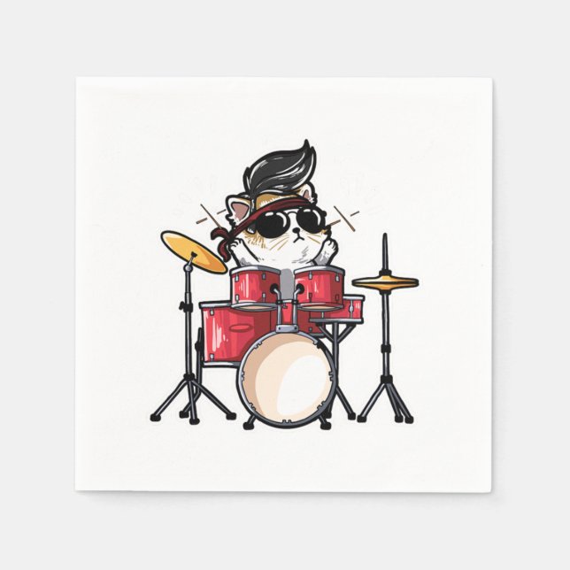 Cute Kawaii Cat Playing Drums Drummer Cats Lover Napkin (Front)