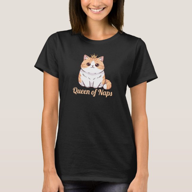 Cute Kawaii Cat Queen of Naps Chubby Crown Cat T-Shirt (Front)