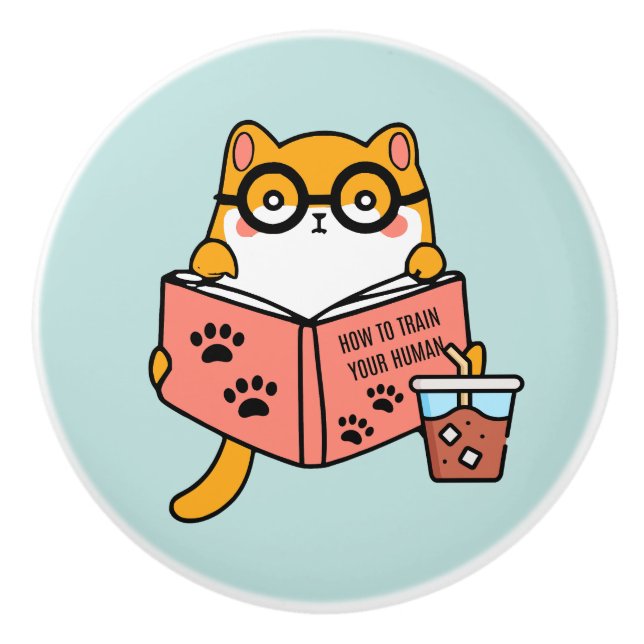 Cute Kawaii cat reading a book Ceramic Knob (Front)