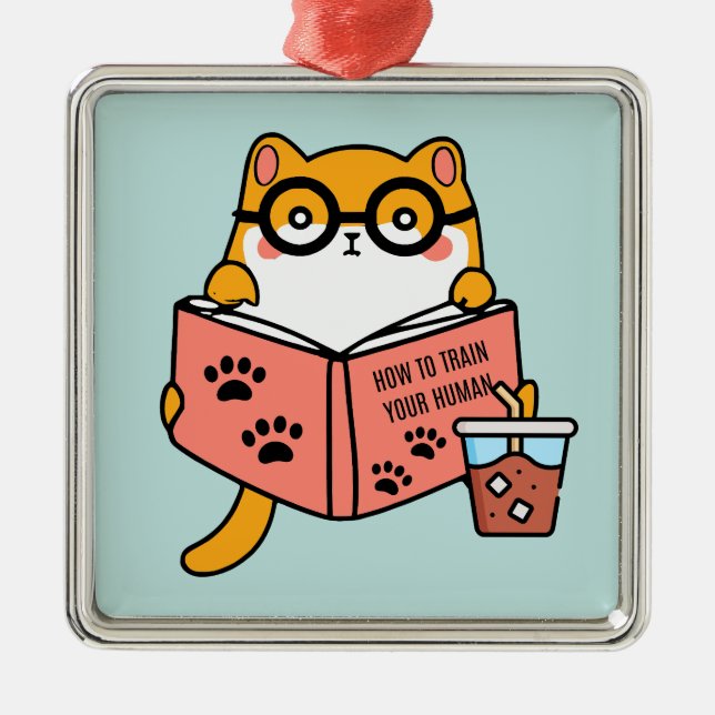 Cute Kawaii cat reading a book Metal Tree Decoration (Front)
