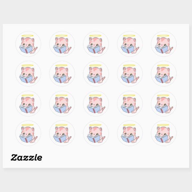 Cute kawaii cat reading book classic round sticker (Sheet)