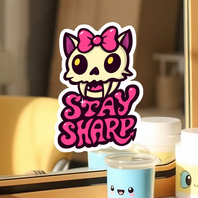 Cute Kawaii Cat Skull Pink Bow Gothic Punk Girl (Kawaii cat skull sticker with bold fangs, vibrant colors, and a cheeky "Stay Sharp" message.)