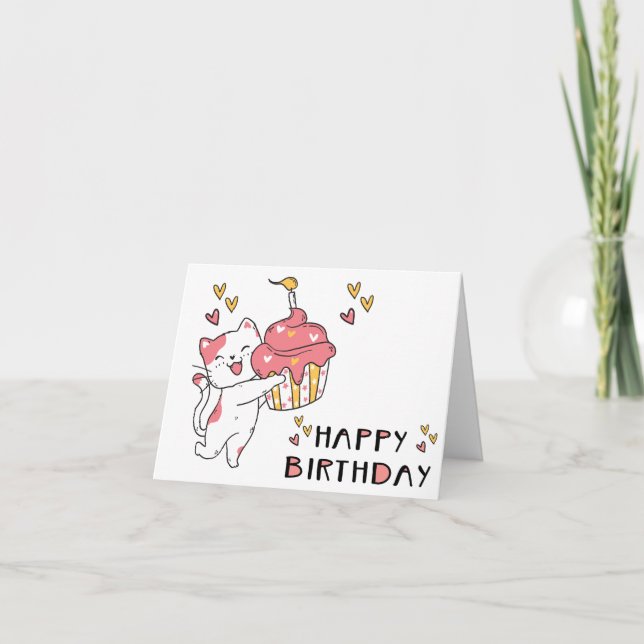 Cute Kawaii cat with cupcake Birthday Card (Front)