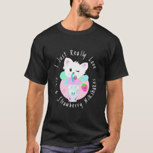 Cute Kawaii Cat With Funny Strawberry Milkshake T-Shirt
