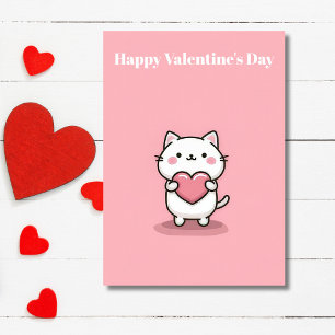 Cute Kawaii Cat with Heart Valentine`s Day Card 