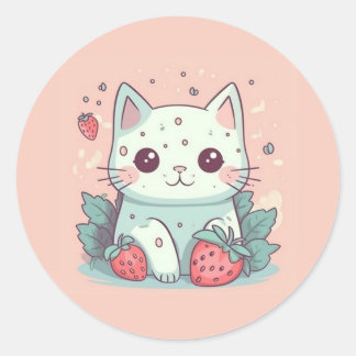 Cute kawaii cat with strawberries  classic round sticker