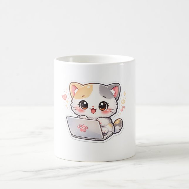 Cute Kawaii Cat Working on Laptop Coffee Mug - Fun (Center)