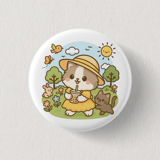 Cute Kawaii Cat Yellow Dress Drinking Bubble Tea 3 Cm Round Badge (Front)