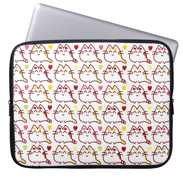 Cute Kawaii Cats and Hearts Pattern Laptop Sleeve (Front)