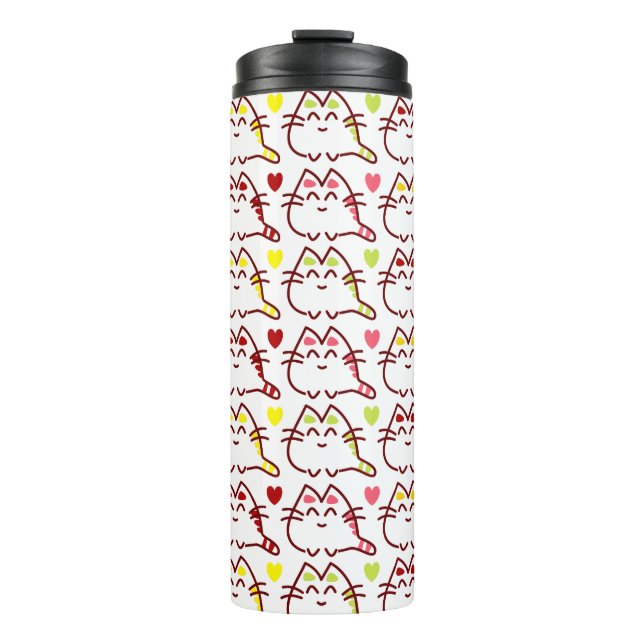 Cute Kawaii Cats and Hearts Pattern Thermal Tumbler (Front)
