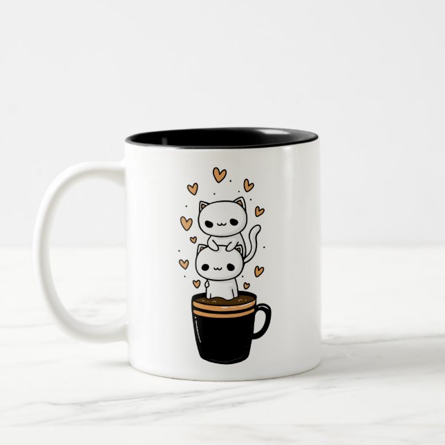 Cute Kawaii Cats Coffee Cup Two-Tone Mug (Left)