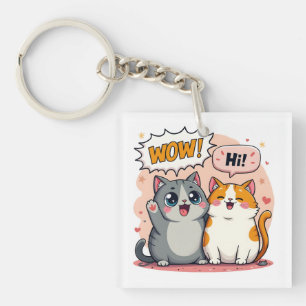 Cute Kawaii Cats Comic Saying Wow and Hi Keychain