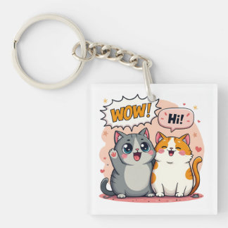 Cute Kawaii Cats Comic Saying Wow and Hi Keychain