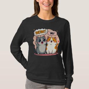 Cute Kawaii Cats Comic Saying Wow and Hi Long Slee T-Shirt