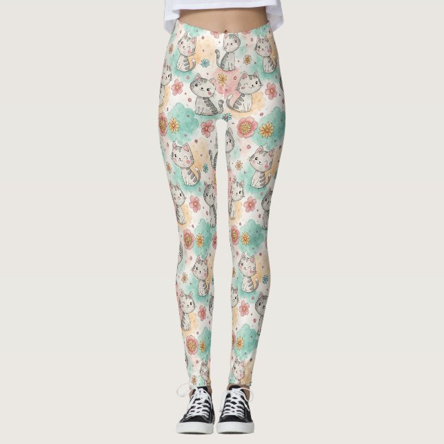 Cute kawaii cats kitty pastel colours pattern leggings (Front)