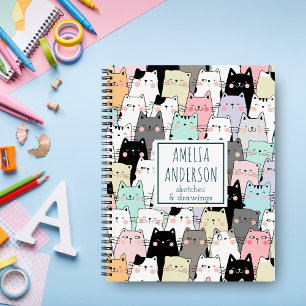 Cute Kawaii Cats Pattern Personalise Name Notebook
