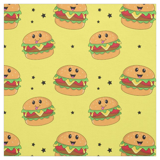 Cute Kawaii Cheeseburger Pattern on Yellow Fabric (Swatch)