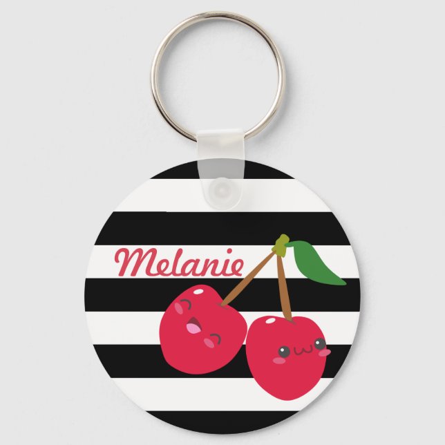Cute Kawaii Cherry Striped Personalised Key Ring (Front)