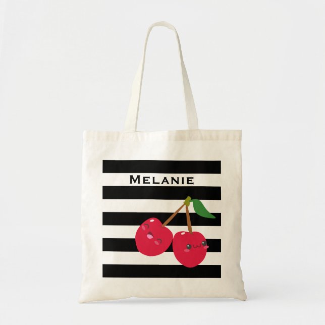 Cute Kawaii Cherry Striped Personalised Tote Bag (Front)