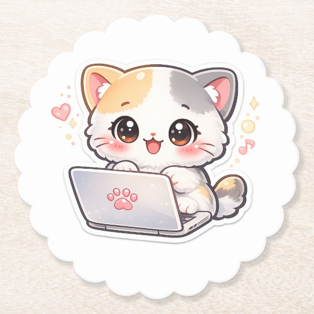 Cute Kawaii Chibi Cat with Laptop Desk Coaster (Front)