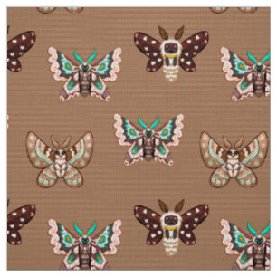 Cute Kawaii Chibi Moths on Coffee Tan Fabric