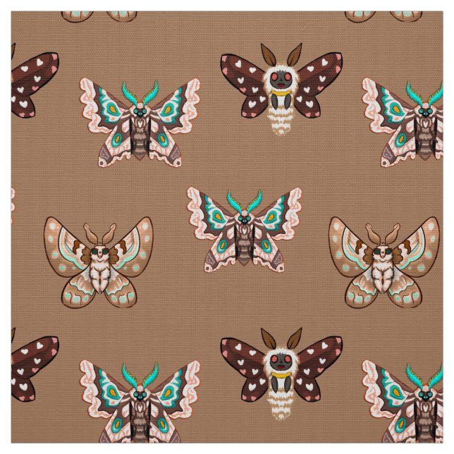 Cute Kawaii Chibi Moths on Coffee Tan Fabric (Swatch)