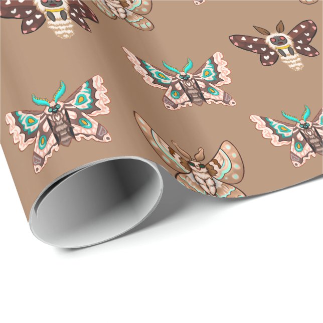 Cute Kawaii Chibi Moths on Coffee Tan Wrapping Paper (Roll Corner)