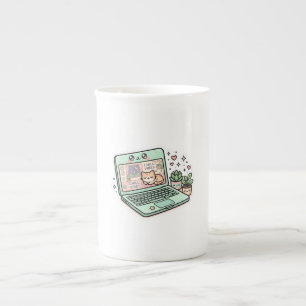 Cute Kawaii Chill Vibes Laptop Cat Potted Plant St Bone China Mug