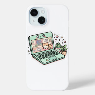 Cute Kawaii Chill Vibes Laptop Cat Potted PSticker iPhone 15 Case