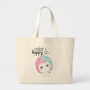 Cute Kawaii “Choose Happy” – Adorable Posi Large Tote Bag