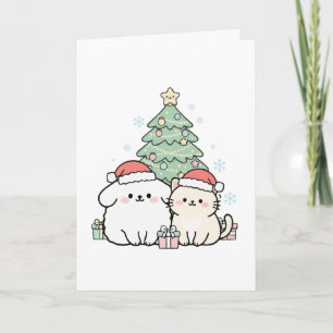 Cute Kawaii Christmas Cat & Dog Festive Holiday Card